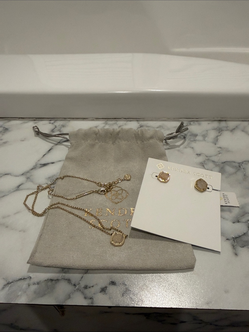 Kendra Scott Gold Tone Double Pendant Necklace with Pale Pink Stones